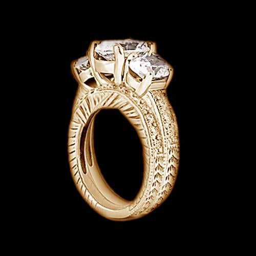 Anello Di Fidanzamento Con Vero Diamante. 3 Fasce In Pietra. Stile Antico. 3.01 Ct. YG 14K