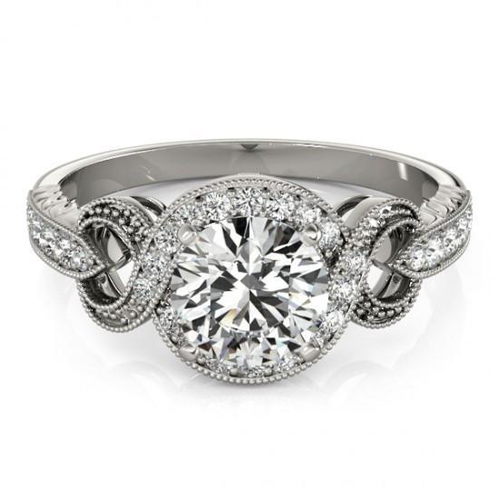 Anello Di Fidanzamento Con Vero Diamante Halo. Gambo Intrecciato. 1.35 Carati. Oro Bianco 14K