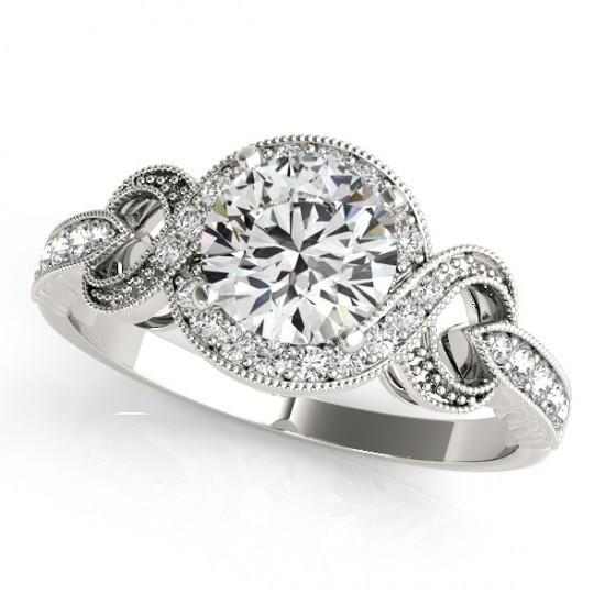 Anello Di Fidanzamento Con Vero Diamante Halo. Gambo Intrecciato. 1.35 Carati. Oro Bianco 14K