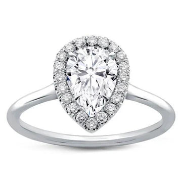 Anello Di Fidanzamento Con Vero Diamante Rotondo Halo Anniversario Pera 2 Carati WG 14K