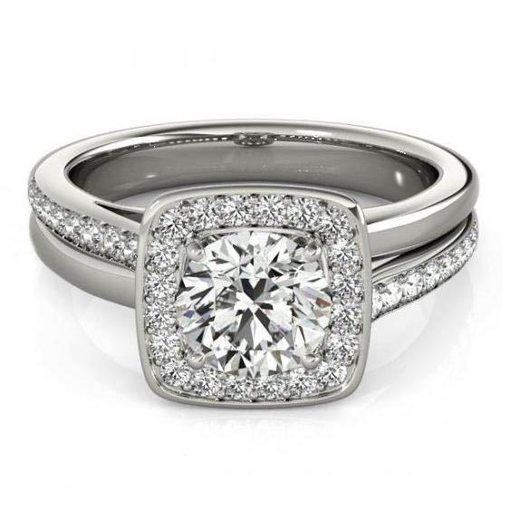 Anello Di Fidanzamento Genuino Diamante 1.50 Carati Doppio Gambo Halo Oro Bianco 14K