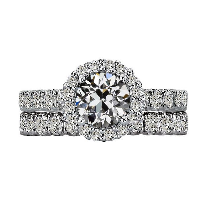 Anello Di Fidanzamento Halo Con Vero Diamante Rotondo Vecchio Minatore Con Accenti 7 Carati