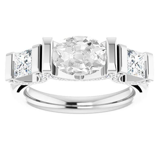 Anello Di Fidanzamento In Oro Bianco Con Vero Diamante Ovale Con Barra 10,75 Carati