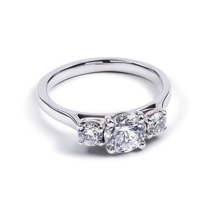 Anello Di Fidanzamento In Oro Bianco Massiccio 14K Con 3 Pietre Di Vero Diamante Rotondo Da 1,60 Ct