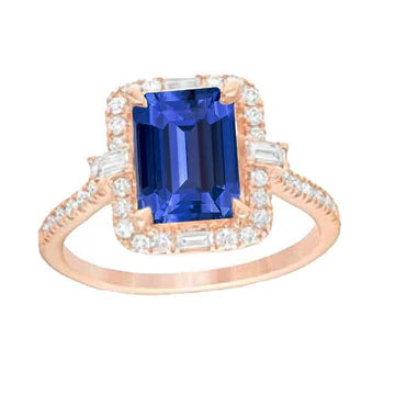 Anello Halo 3 carati con zaffiro smeraldo blu e diamanti in oro rosa 14K
