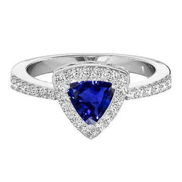 Anello Halo Anniversary con zaffiro taglio trilioni di 3 carati e diamante in oro bianco 14K