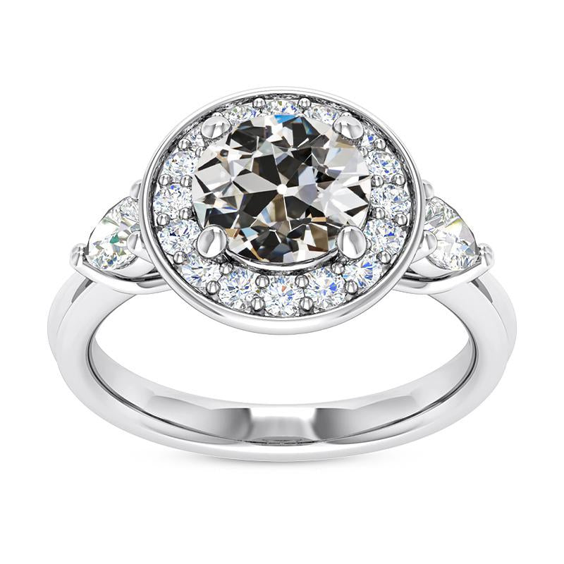 Anello Halo Con Pera E Vero Diamante Taglio Antico Rotondo 3 Pietre 6,50 Carati