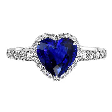 Anello Halo Heart con zaffiro dello Srilankan 3,50 carati e diamante in oro bianco 14K