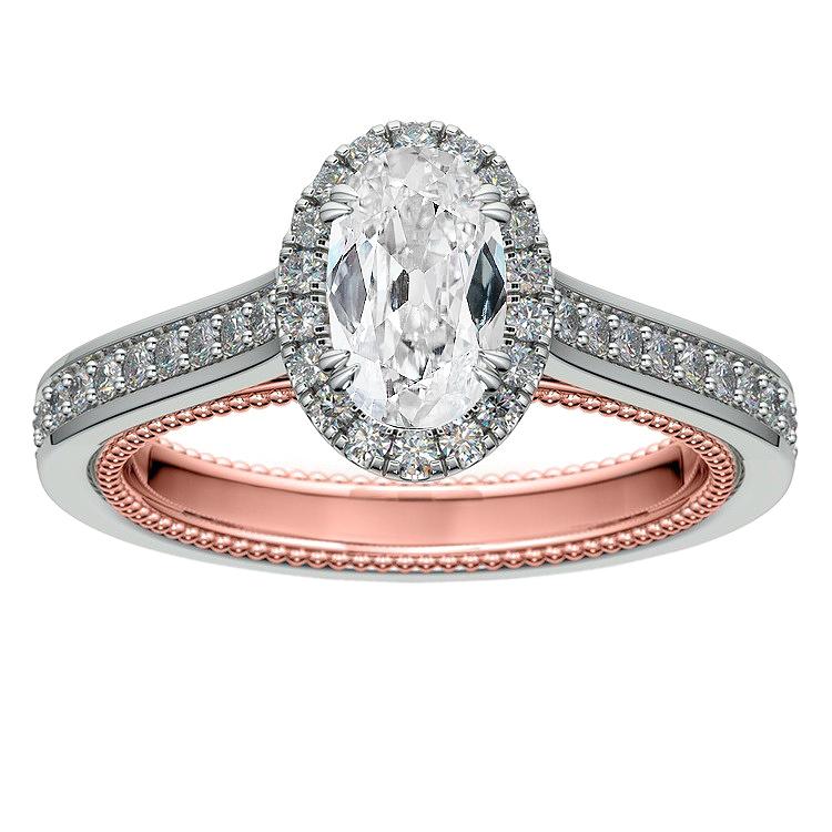 Anello Halo Ovale Vecchio Minatore Naturale Diamanti Accentati Gioielli 6 Carati Due Toni