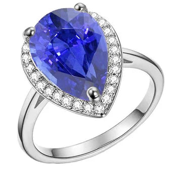 Anello Halo con Zaffiro Ceylon 4 carati e diamanti in oro bianco 14K