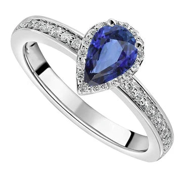 Anello Halo con zaffiro blu 4 carati e diamanti in oro bianco 14K