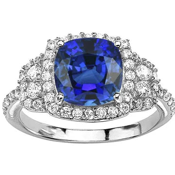 Anello Halo con zaffiro blu a cuscino da 5 carati in diamanti in oro bianco 14K