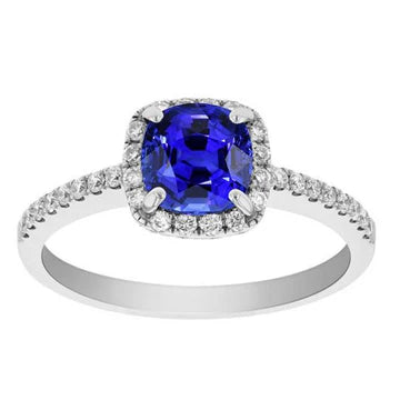 Anello Halo con zaffiro di Ceylon a cuscino da 3,50 carati e accenti di diamanti in oro bianco 14K