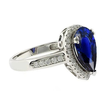 Anello Halo in stile antico con zaffiro Ceylon a pera da 3,75 carati e diamanti in oro bianco 14K