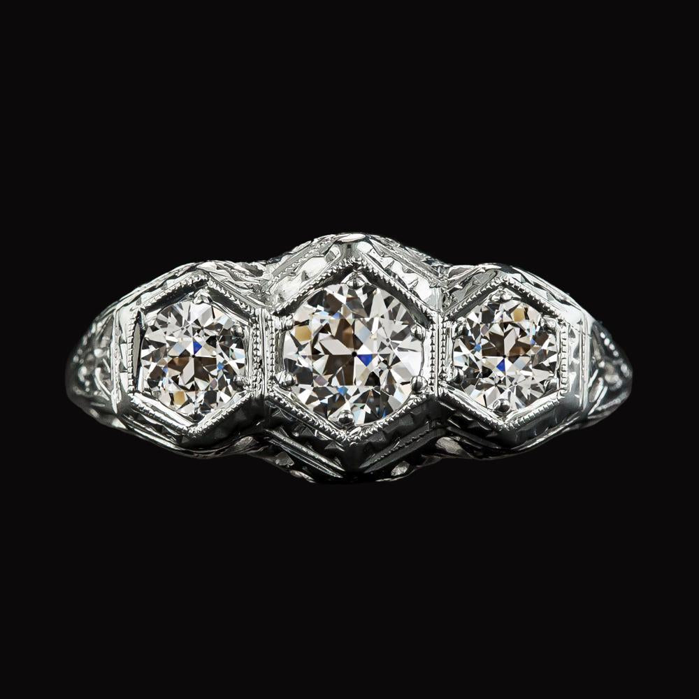 Anello In Oro 14K Con 3 Pietre Rotonde Con Naturale Diamanti A Taglio Antico Stile Antico 3,50 Carati