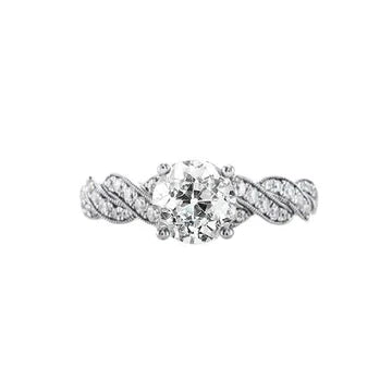 Anello In Oro Bianco Con Vero Diamanti Rotondi Taglio Antico Stile Ritorto 2.25 Carati