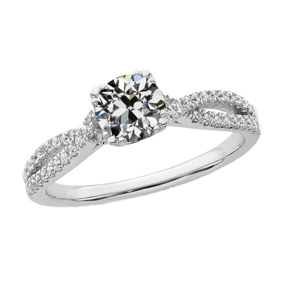 Anello In Oro Con Naturale Diamanti Taglio Vecchio Miniera, Gambo Intrecciato, 3,50 Carati, Pavé