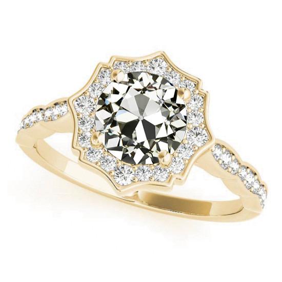 Anello In Oro Giallo Con Anello Rotondo Con Naturale Diamanti A Taglio Antico, 4,50 Carati, Pavé