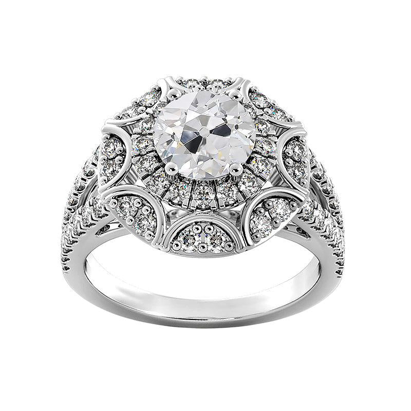 Anello In Stile Antico Halo Con Genuino Diamante Rotondo Taglio Vecchio Gambo Diviso 4,75 Carati
