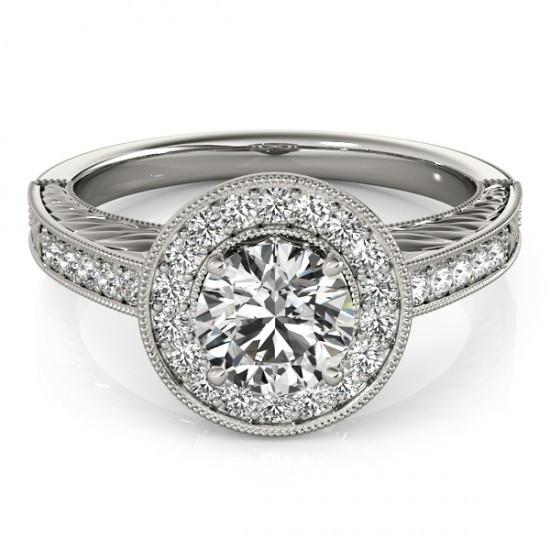 Anello In Stile Vintage Con Vero Diamante Rotondo Halo 1.25 Carati Inciso WG 14K