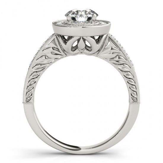 Anello In Stile Vintage Con Vero Diamante Rotondo Halo 1.25 Carati Inciso WG 14K