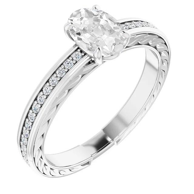 Anello Ovale Con Naturale Diamante Europeo Antico Stile Foglia, Gambo Filigranato 5,25 Carati