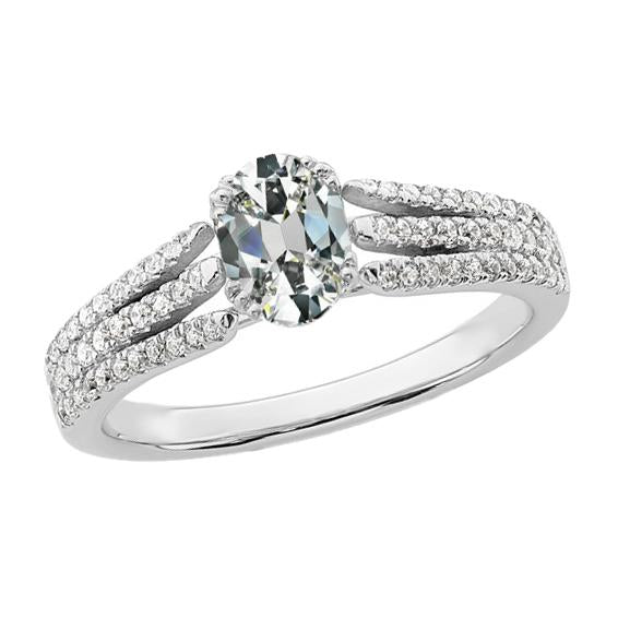 Anello Ovale Con Naturale Diamanti Taglio Vecchio Miniera, Gambo Diviso, 5,50 Carati, Pavé D'Oro
