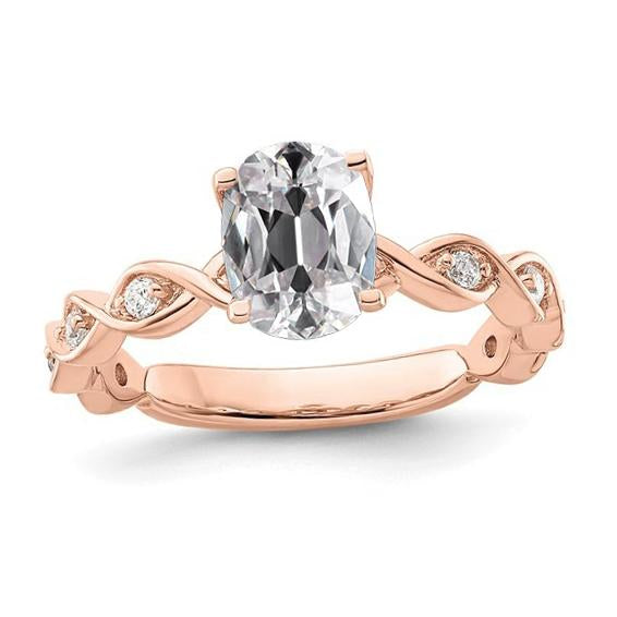 Anello Ovale In Oro Rosa Con Vero Diamanti A Taglio Antico, Griffe Attorcigliate, 3,50 Carati