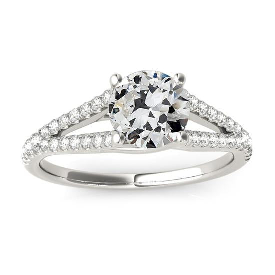 Anello Rotondo Con Genuino Diamante Taglio Vecchio Miniera, Gambo Diviso, Accentato In Oro 4 Carati