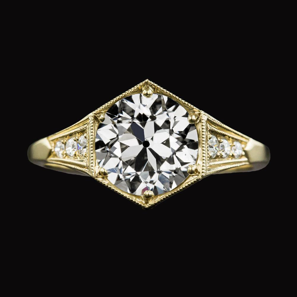 Anello Rotondo Con Genuino Diamanti Taglio Vecchio Miniera, Gambo Affusolato, Oro Giallo 3,50 Carati