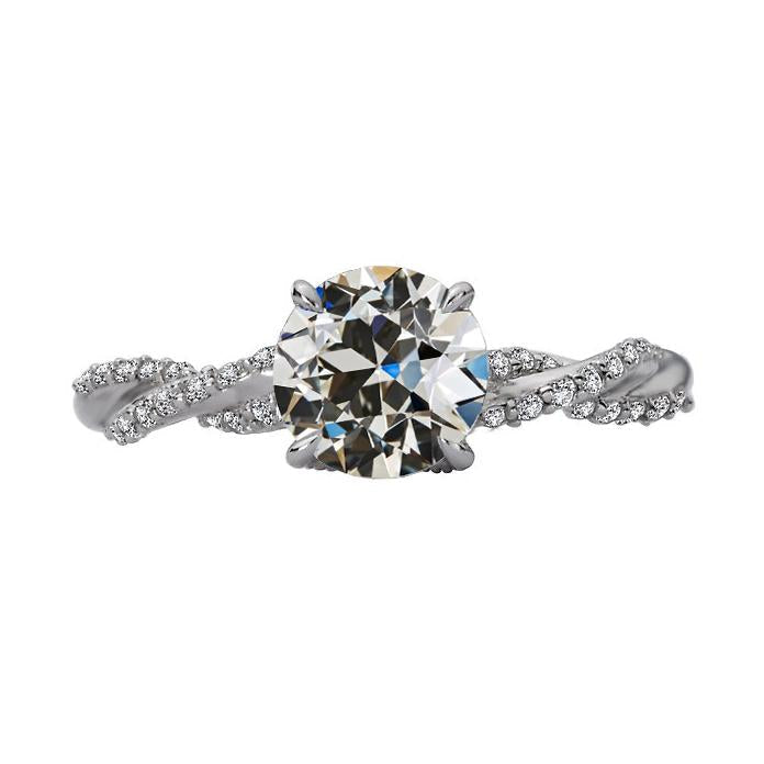 Anello Rotondo Con Vero Diamanti Taglio Vecchio Miniera Con Pavé Con Gambo Ritorto 3,50 Carati