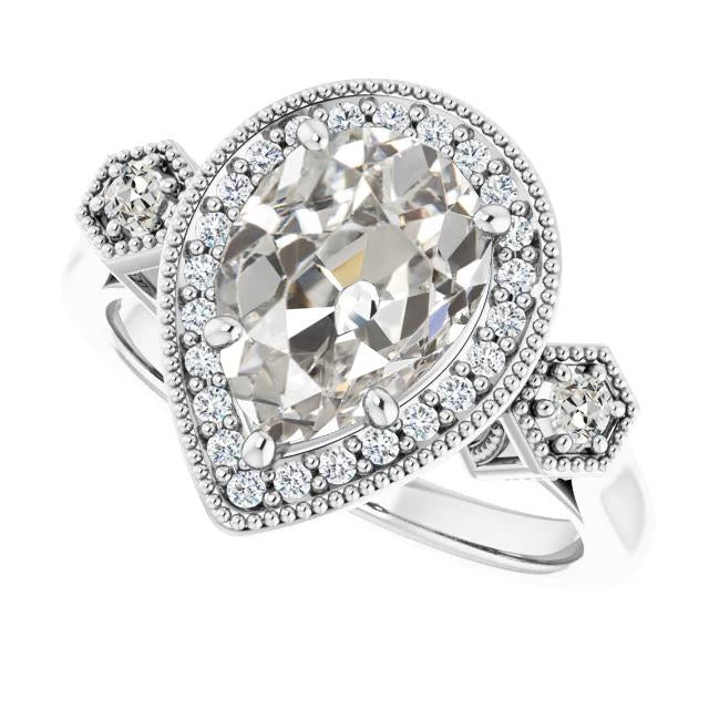 Anello Rotondo E Pera Con Naturale Diamante Taglio Vecchia Miniera, 5 Punte, 5,50 Carati