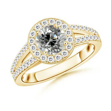 Anello Rotondo Halo Con Gambo Diviso Vecchio Vero Diamante Europeo 2.50 Carati