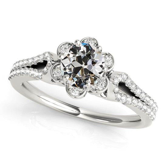 Anello Rotondo Halo Vecchio Minatore Naturale Diamante Ring Flower Style Gambo Diviso 4,50 Carati