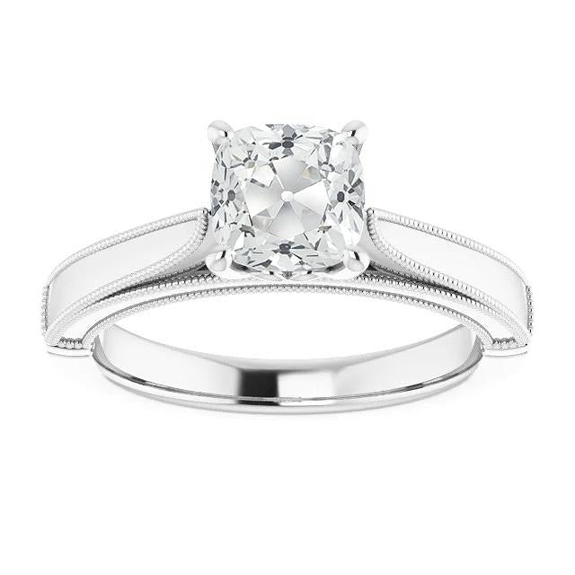 Anello Solitario Cuscino Vecchio Minatore Naturale Diamante 3,50 Carati Milgrain Shank