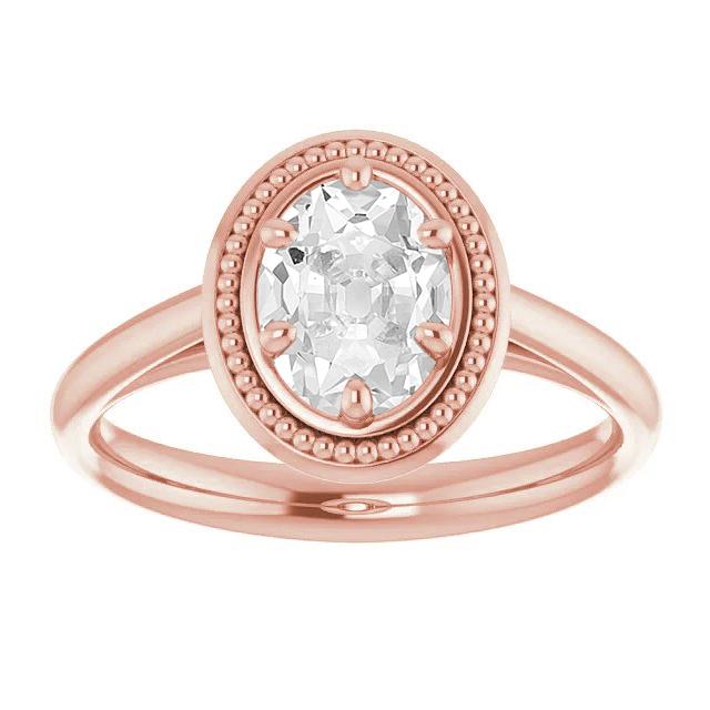Anello Solitario In Oro Rosa Stile Ovale Con Perline Di Genuino Diamanti Taglio Antico 4 Carati