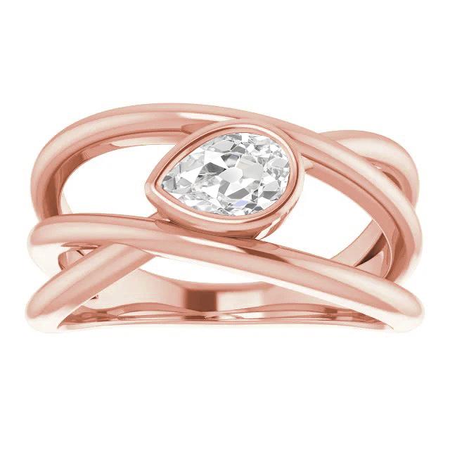Anello Solitario Pera Naturale Diamante Vecchio Taglio Lunetta Set Con Gambo Ritorto 2 Carati