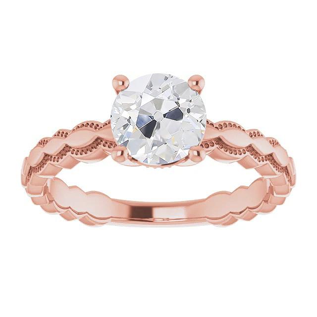 Anello Solitario Rotondo Con Vero Diamante Taglio Vecchia Miniera 2 Carati Con Gambo Milgrain