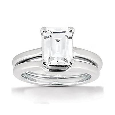 Anello Solitario Vero Diamante Taglio Smeraldo 2 Carati Con Fascia Oro Bianco 14K