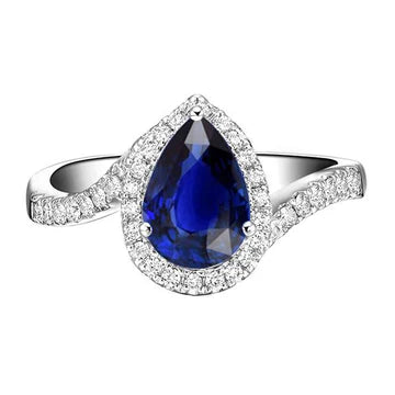 Anello Tension Style Halo con zaffiro blu pera 4 carati e diamante in oro bianco 14K