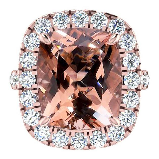 Anello Con Morganite a Cuscino Grande 12,50 ct Con Diamanti Oro Rosa 14K