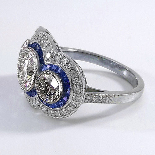 Anello Con Vero Diamanti Rotondi Taglio Antico Con Zaffiro Blu 3 Stile Pietra 6 Carati
