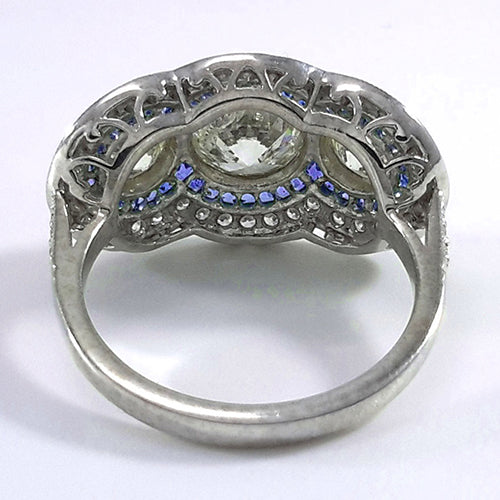 Anello Con Vero Diamanti Rotondi Taglio Antico Con Zaffiro Blu 3 Stile Pietra 6 Carati