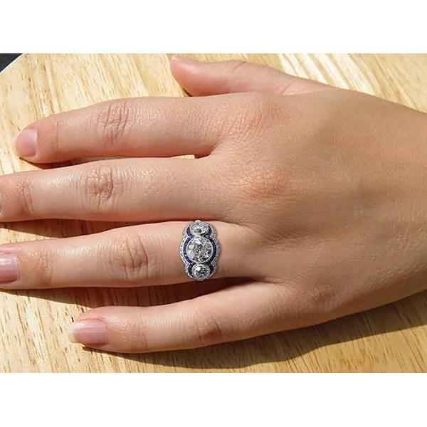 Anello Con Vero Diamanti Rotondi Taglio Antico Con Zaffiro Blu 3 Stile Pietra 6 Carati