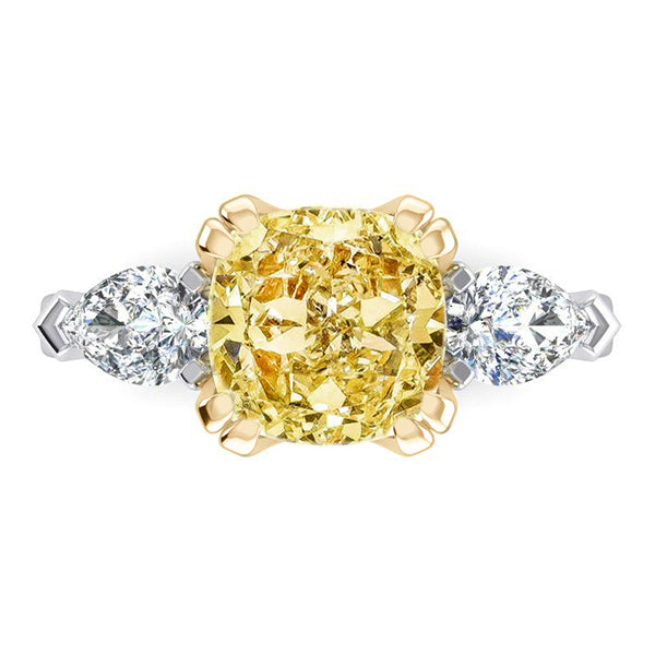 Anello Vero Giallo Canarino Cuscino E Pera Diamanti Naturali Estratti Dalla Terra Oro 14K