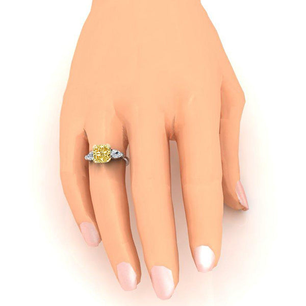 Anello Vero Giallo Canarino Cuscino E Pera Diamanti Naturali Estratti Dalla Terra Oro 14K