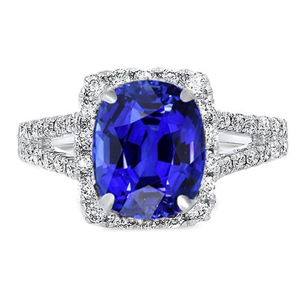 Anello con diamante Halo ovale blu zaffiro con gambo diviso 5.50 carati gioielli