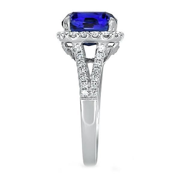 Anello con diamante Halo ovale blu zaffiro con gambo diviso 5.50 carati gioielli