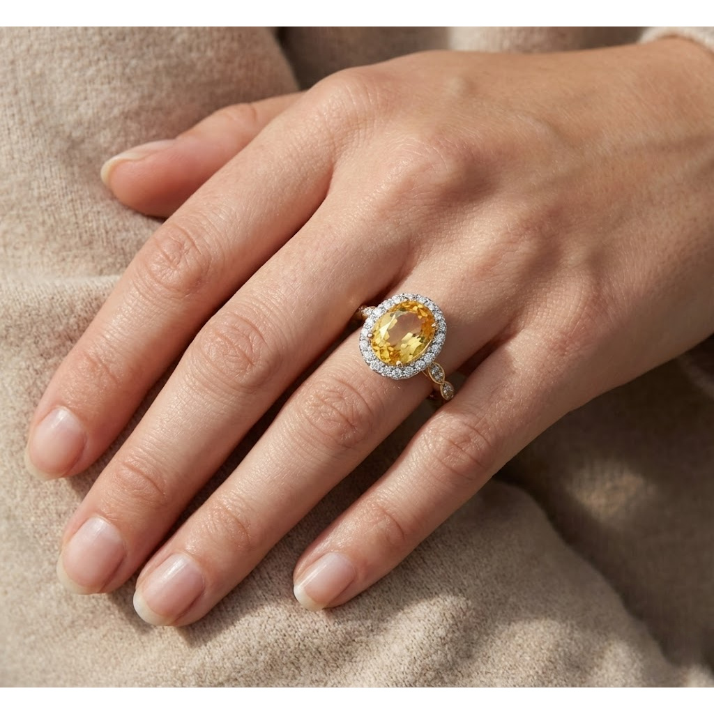 Anello nuziale in oro giallo con citrino e diamanti taglio ovale da 14.75 carati