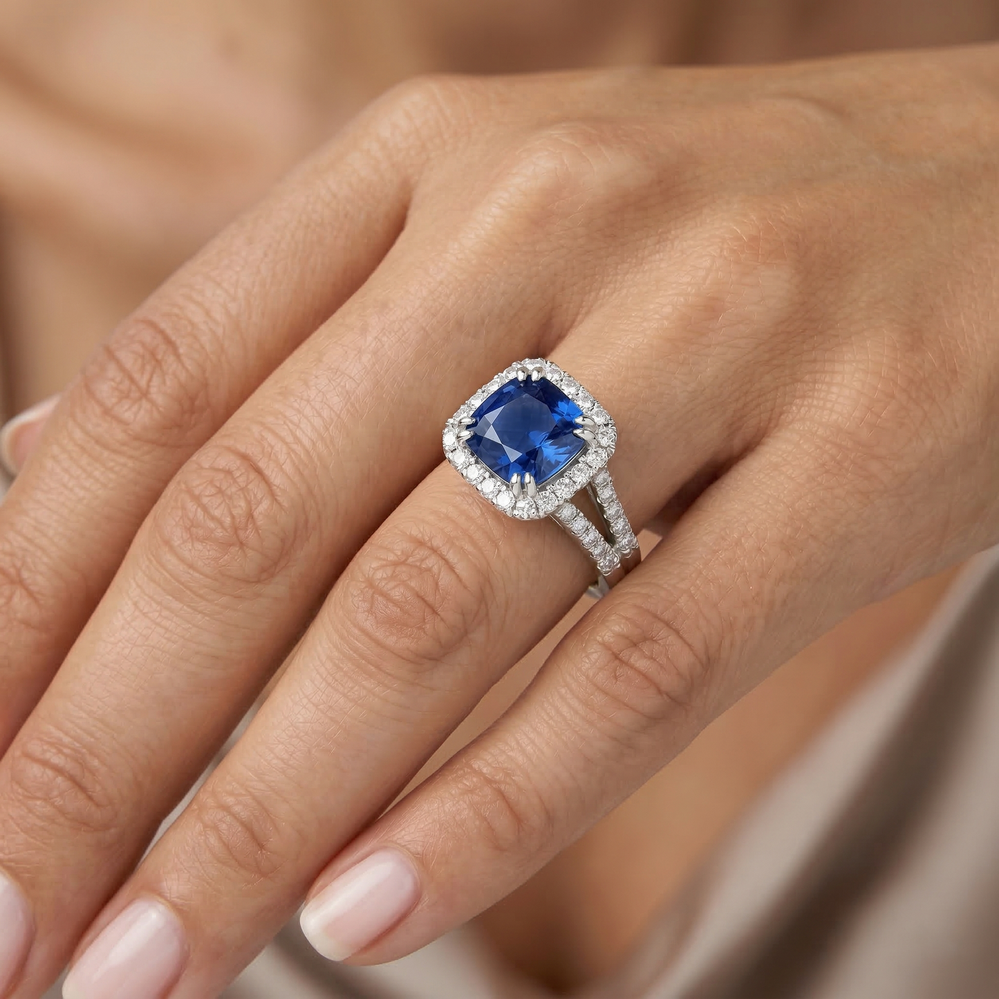 Anello con 3 carati di zaffiro di Ceylon e accenti di diamanti WG in oro bianco 14K